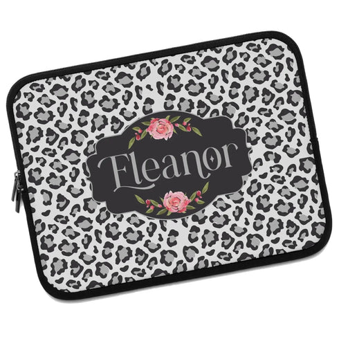 Grey Leopard & Roses Custom Name Laptop Sleeve